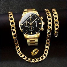 4 teiliges Herren Uhren Set Edelstahl Quarzuhr Business Casual Mit Armband Kette