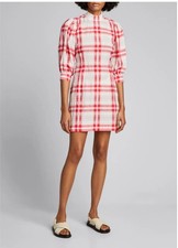 GANNI Mini Dress Red and White Seersucker Check Puff Sleeve Mock Neck size 36