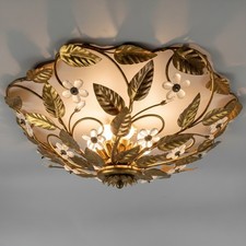 Grande Plafoniera Ferro Battuto Oro Fiori Vetro 8 Luci Fiorentino Vintage 1970