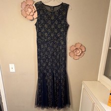Candalite Navy Gold Glitter Floral Sleeveless Long Gown Dress Pullover S