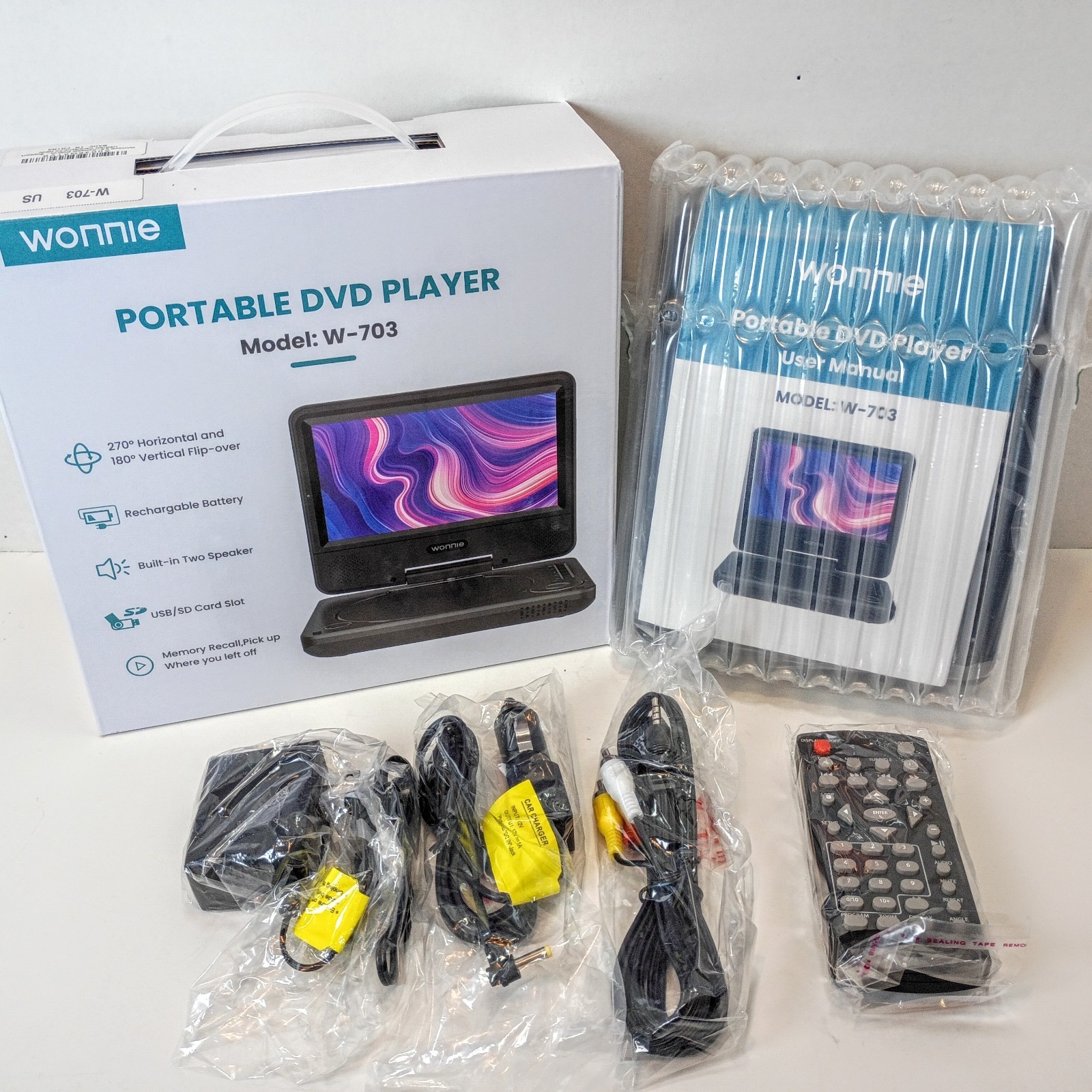 Wonnie Portable DVD Player Model W-703 7" Screen Rechargeable Battery Adapters