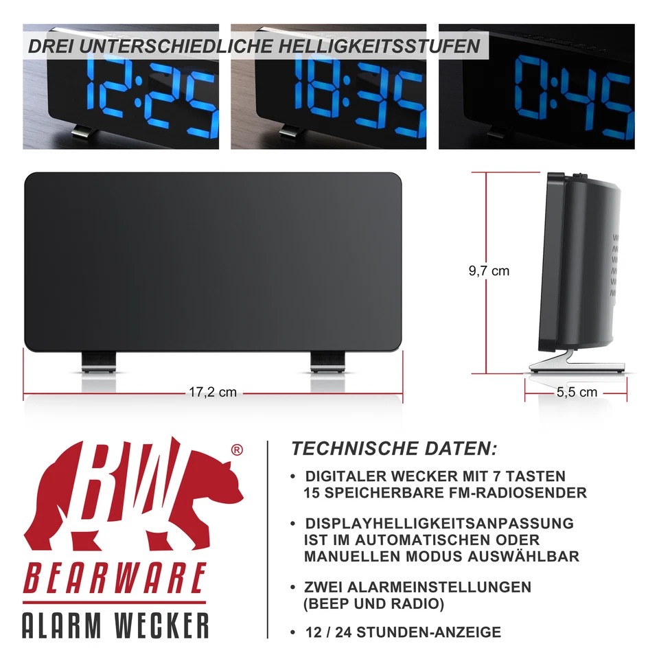 Bearware Design Radiowecker 7 Tasten 2 Weckalarme Snooze LED 15 FM Speicher - Bild 2 von 4
