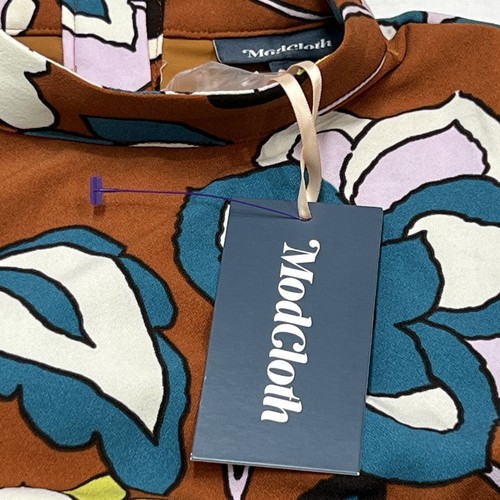 ModCloth Dress Womens S Brown Floral Shift Mini Mock Neck Retro Groovy 70s Swing - Picture 10 of 11