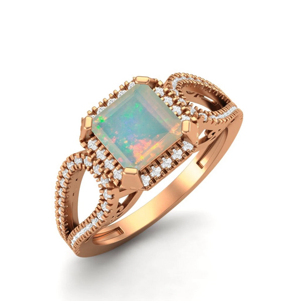 Natural White Opal Gemstone Women Promise Ring 10k Rose Gold Ring