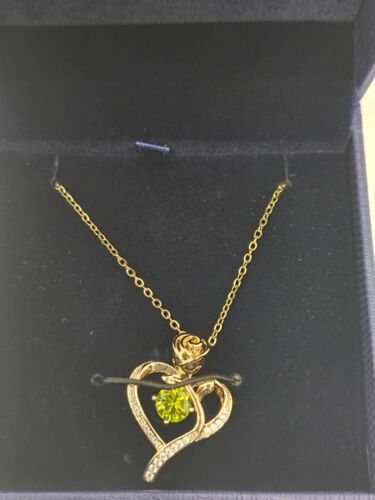 S925 Sterling Silver Heart Necklace with Green Gemstone and Rose Accent -... - Picture 2 of 4