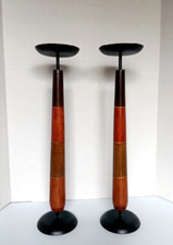 VTG Mid Century MCM Set Of 2 Wood Pillar Candlestick Holders Metal Base 18.5"