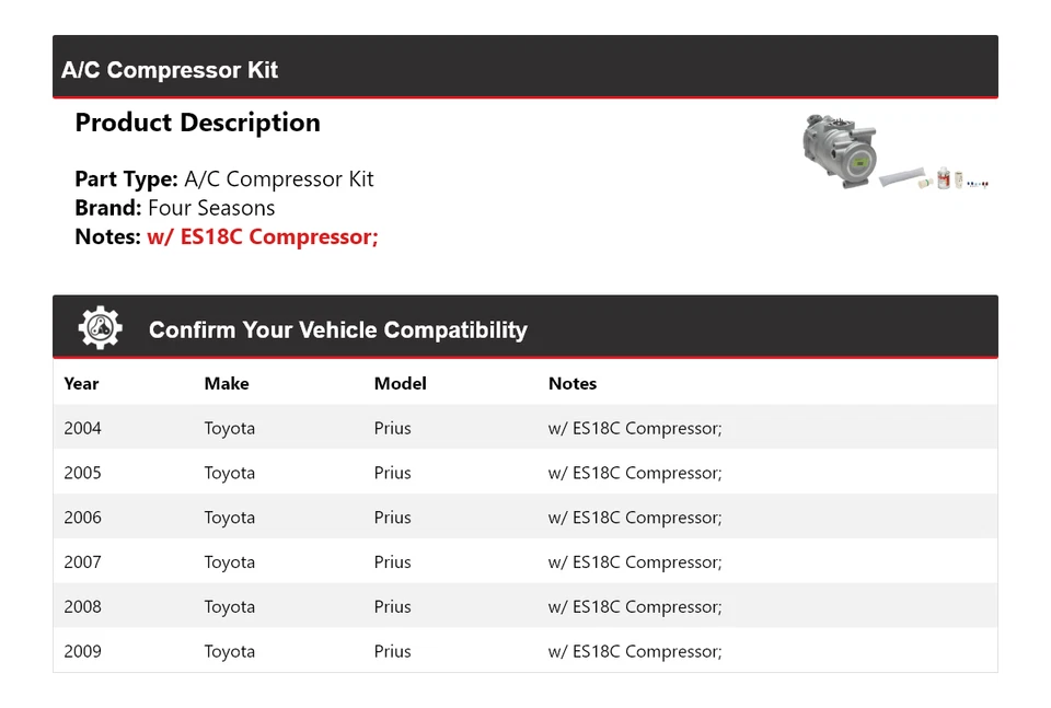 Kit compresor aire acondicionado Toyota Prius 2004-2009 4 estaciones 2005 2006 2007 2008 Foto 2 de 4