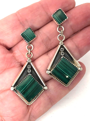 Vintage Navajo John W Kessler JWK Sterling Silver Malachite Dangle Post Earrngs