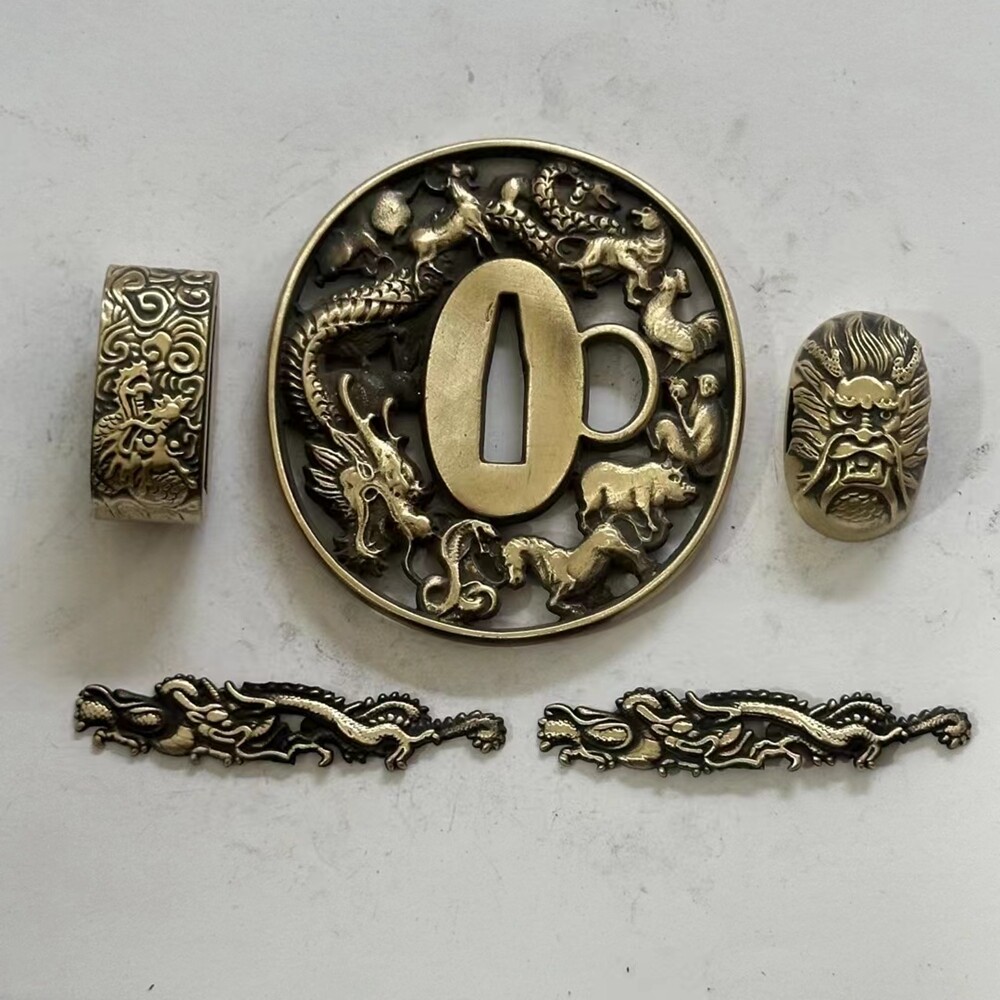 garakuda hijiraku brass 3点セット Excellent Brass Tsuba Suit Guard Fuchi Kashira Menuki for