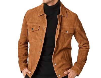 Men's Brown Suede Trucker Jacket Snap Button Soft Suede Leather Moto Biker Coat