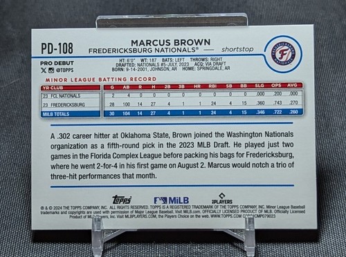 Marcus Brown Prospect Rookie 2024 Topps Pro Debut Card #PD-108 Nationals - Picture 2 of 2