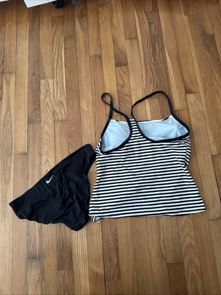 Nike Traje de Baño Para Mujer 2 Piezas Tankini Negro/Blanco Rayas Corredor Espalda Tanque Bikini L Foto 4 de 4
