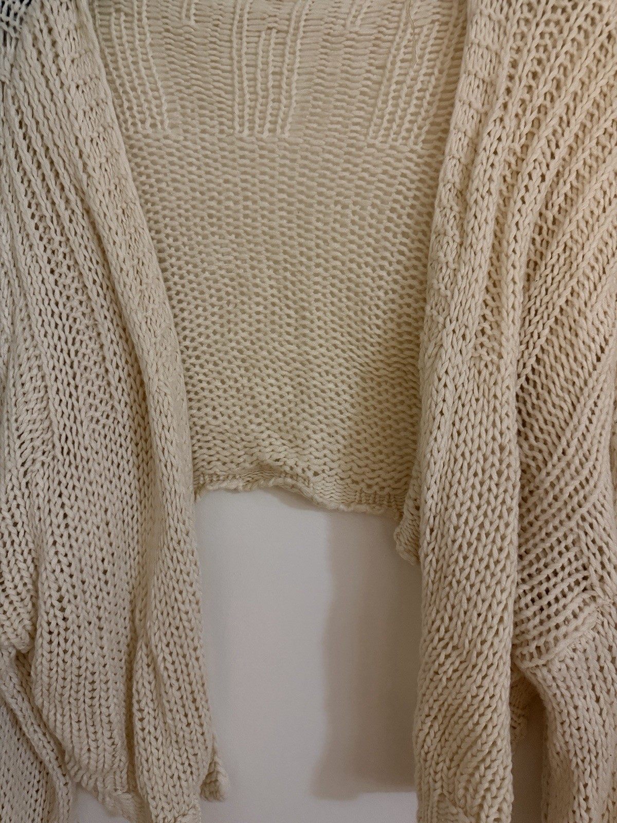 Open Knit Cardigan Beige Cotton Long Sleeve Women's Sweater