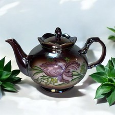 Vintage Brown Lusterware Hand Painted Tea Pot Iris Intricate Design EUC Japan