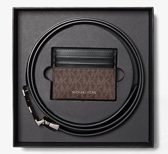 MICHAEL KORS Hombres Logo Cinturón y Estuche para Tarjetas Caja de Regalo Conjunto Marrón Negro Reversible Nuevo con Etiquetas Foto 2 de 3