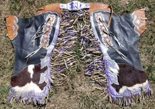 Custom Made Tooled hair on Leather Fringe Chaps Cowboy Chinks