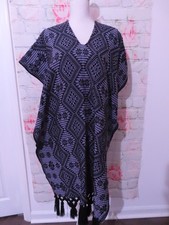 Handwoven Mexican Huipil Poncho Indigo Geometric Pattern Fringe   Free Shipping