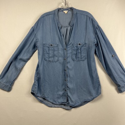 Hem & Thread Blouse Chambray Button Up Top Womens Size Medium Roll Tab Sleeve