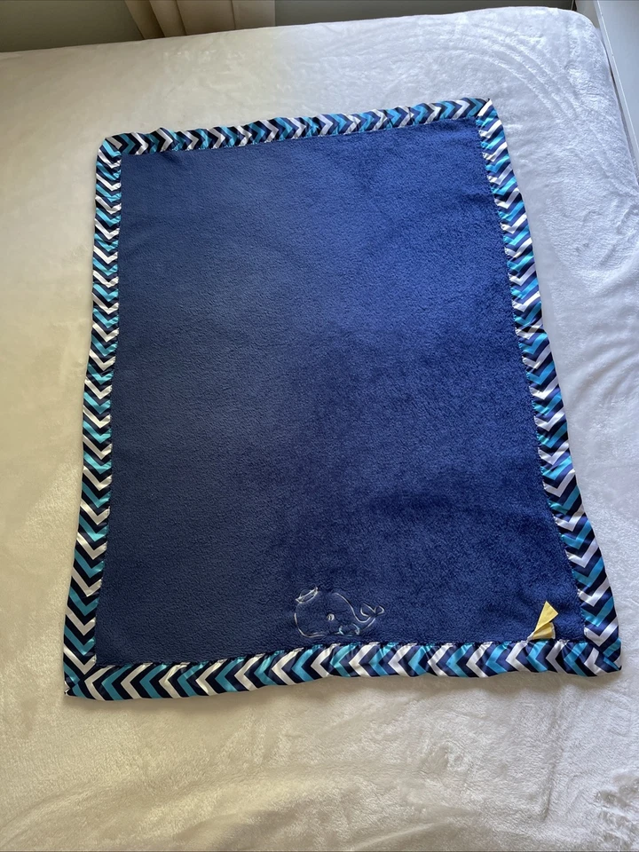 Banana Fish Whale Blue Teal Gray Plush w Satin Chevron Edge Baby Blanket - Image 4 of 4