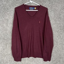 Polo Ralph Lauren Sweater Mens Large Red Washable Merino Wool V Neck Pullover