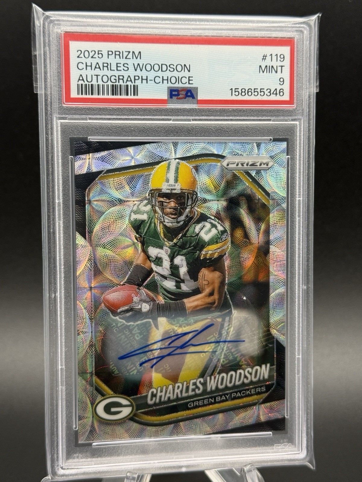 2025 Panini Prizm Charles Woodson #119 Choice /25 Auto Packers Michigan PSA 9 view 1