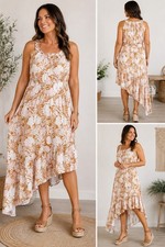 SO Floral White Brown Pink Scoop Neck Sleeveless Asym Hem Midi Dress Size XL