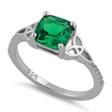 Celtic Emerald Green Cubic Zirconia Solitaire Ring 925 Sterling Silver May Irish