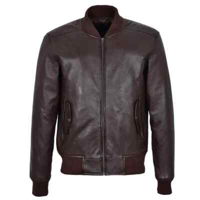 Handmade New Stylish Men Retro Bomber Jacket Real Lambskin Leather Brown Jacket