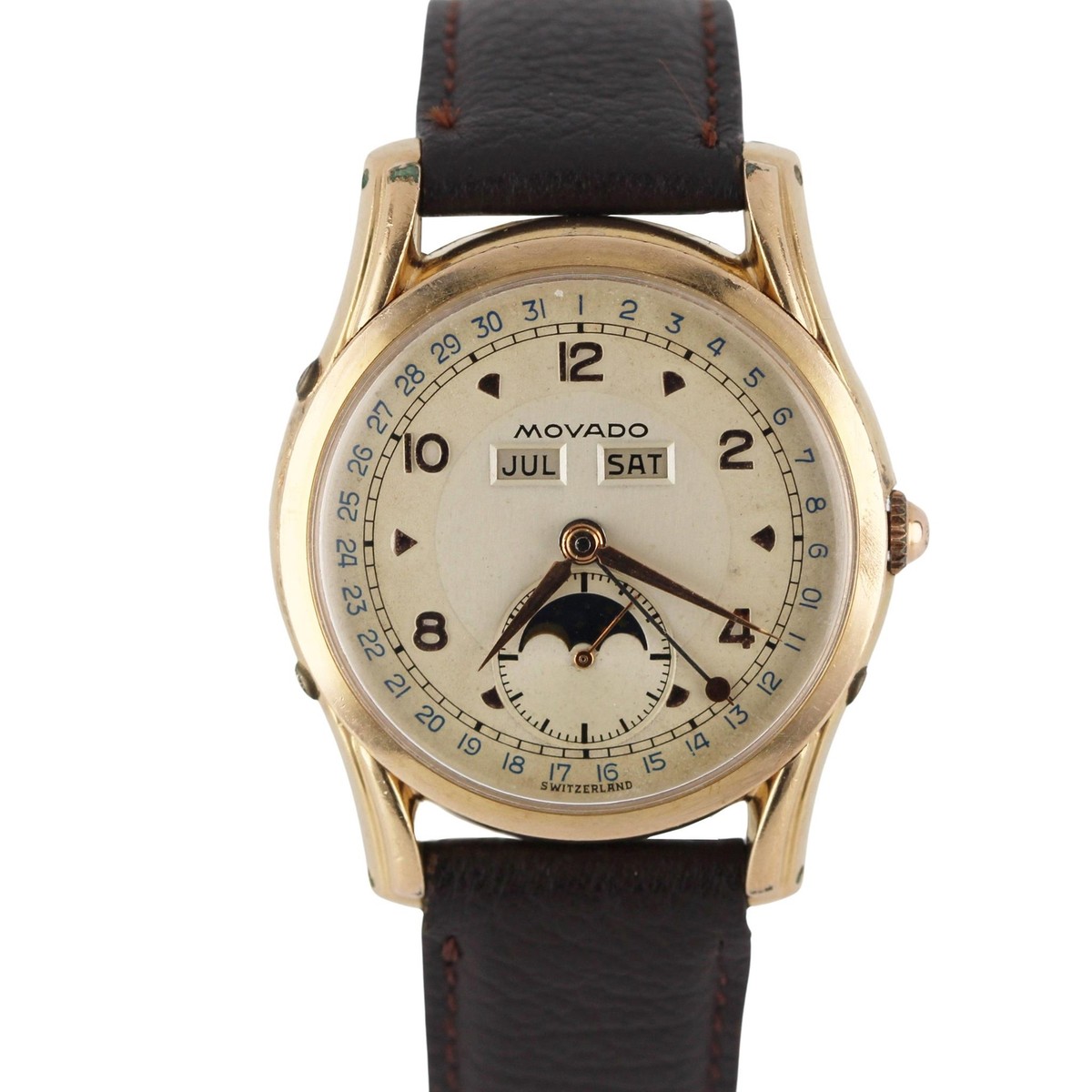 VINTAGE Movado Triple Date Moonphase Rolled Gold Champagne 33.5mm