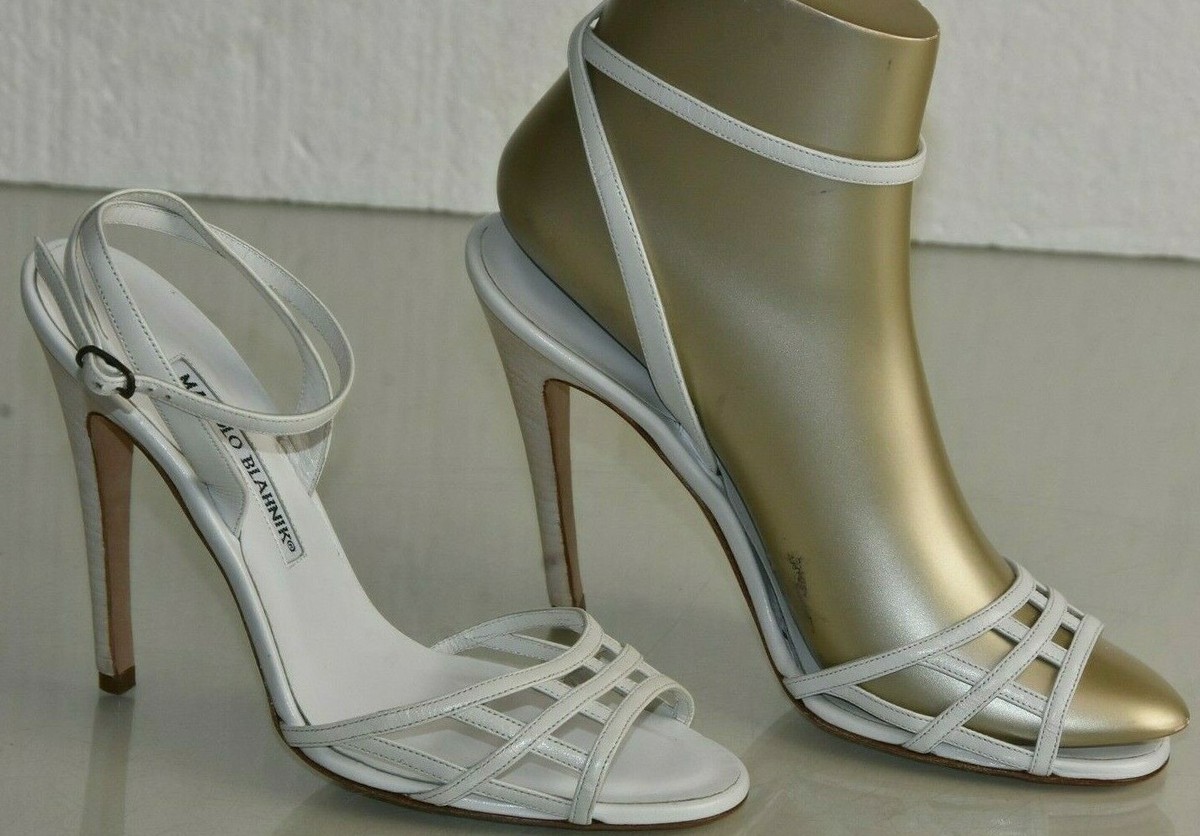 Sandales Manolo Blahnik Talon Aiguille 12 Cm - Cuir Blanc à Lanières Et Bride Cheville - Taille 37 Neuve Sans Boîte