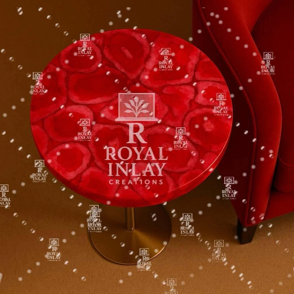 12” Red Agate Round Side Table | Luxury Handmade Gemstone Accent Table - Image 3 of 4