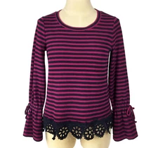 CROWN & IVY Pink & Black Striped Top Lace Trim Bell Poet Sleeves Sz S