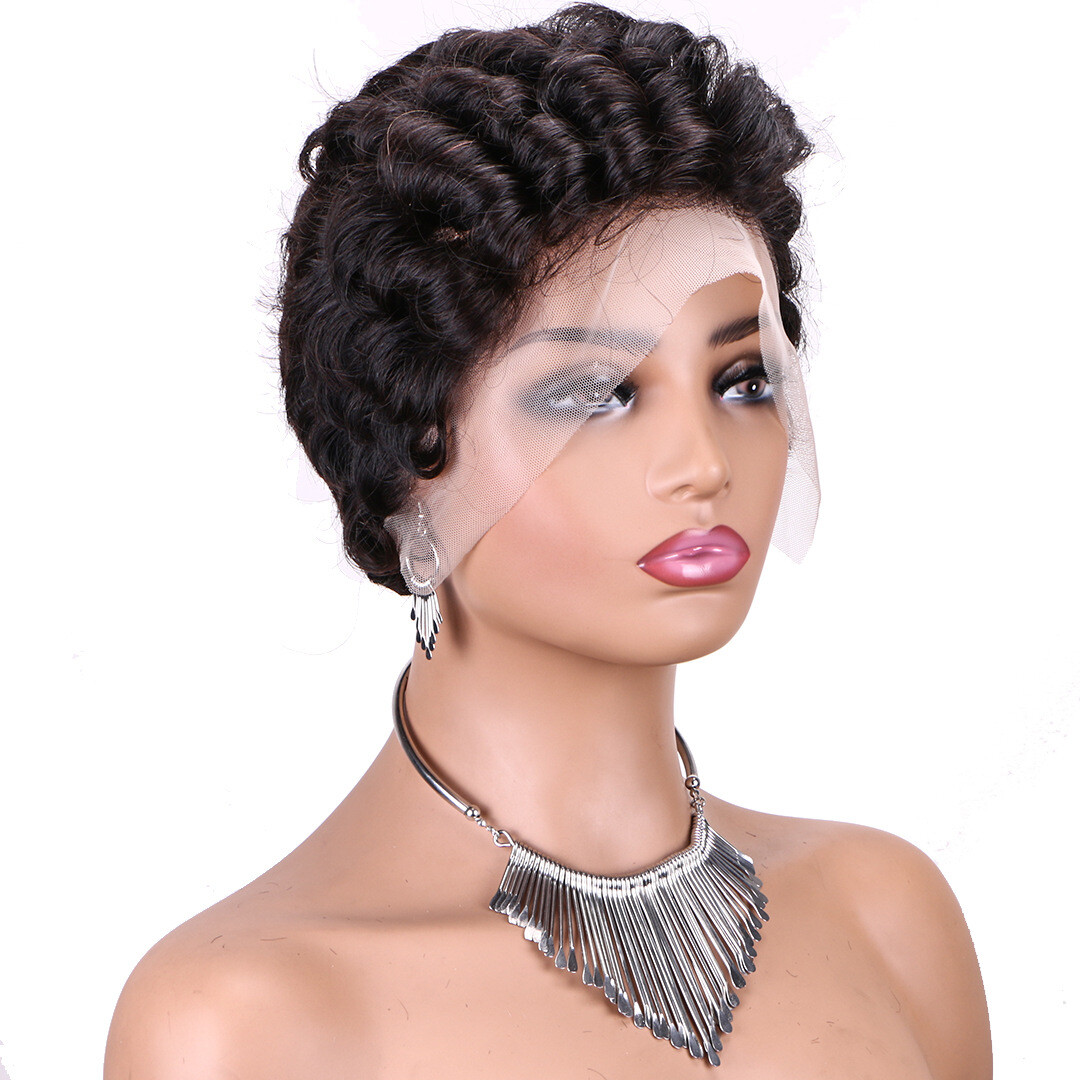 13x4 Pixie Cut Lace Front Wig Indian Human Hair Wigs Short Black Spiral