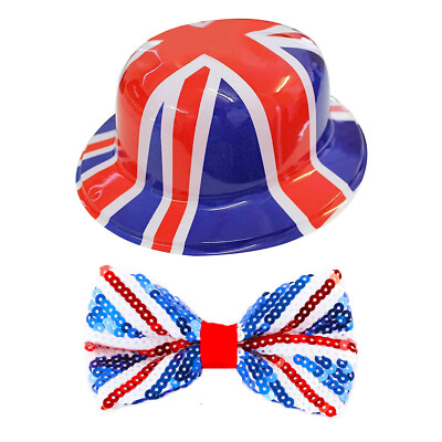 UNION JACK BOWLER HUT & PAILLETTEN FLIEGE VE DAY STRASSENPARTY KOSTÜM ROYAL PAKET