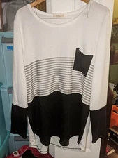 B.E. Stage Black White Stripe Pocket Long Sleeve Top NWOT Sz 2X