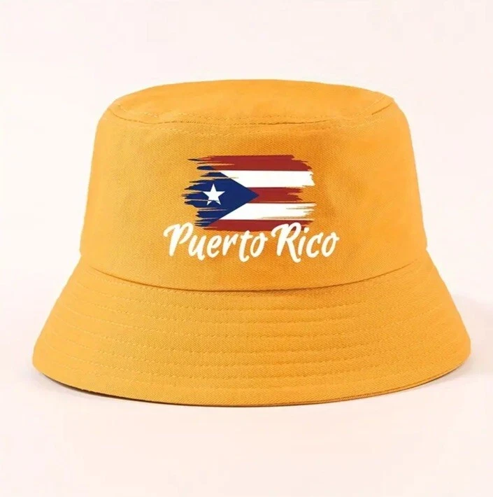 Puerto Rico Cotton Flag Print Bucket Hat, Yellow, Adjustable, Unisex, Beach, Sun