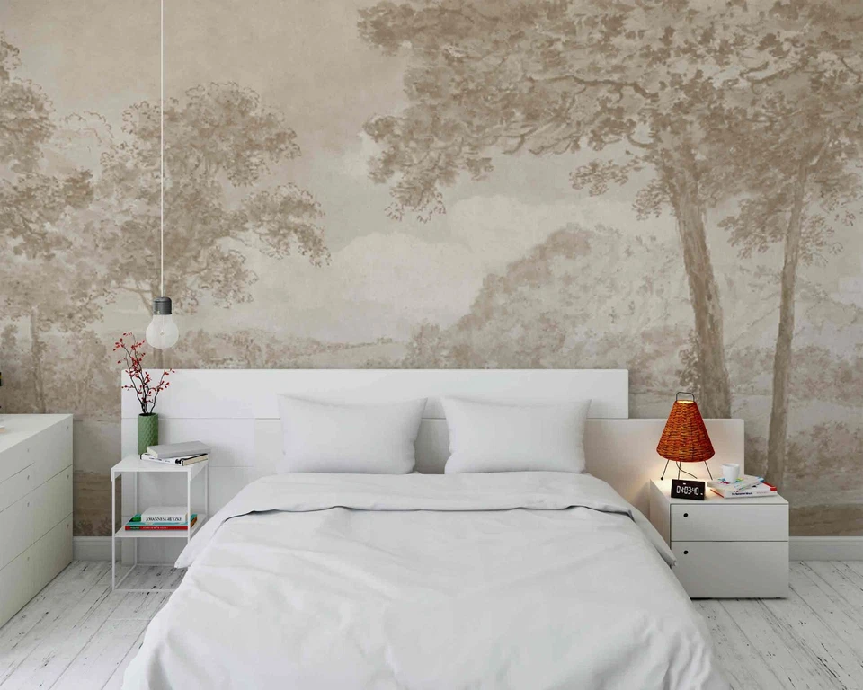 Murales de papel tapiz retro vintage de paisaje bosque en una colina junto al lago Foto 3 de 4