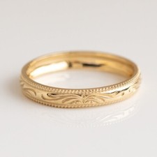 14K Gold Floral Engraved Wedding Band Minimalist Stackable Dainty Pattern Ring