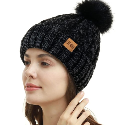Designer Women Winter Pom Pom Beanie Hat with Warm Fleece Lined Black One Size - Picture 2 of 4