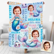 Personalized Mermaid Blanket, Custom Photo Name Baby Kid Blanket, Christmas Gift
