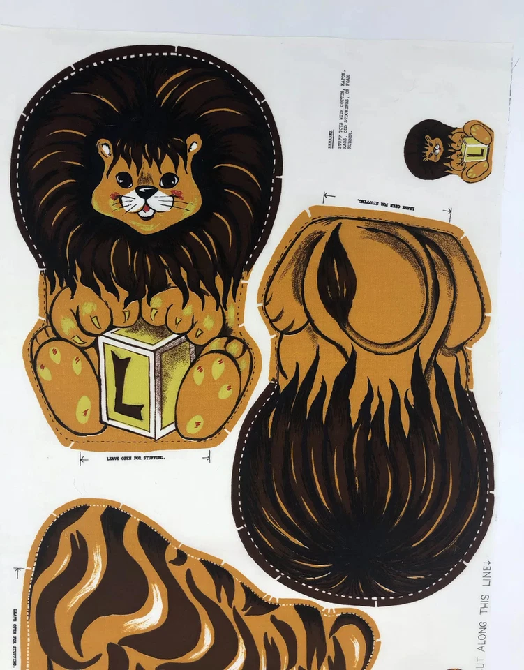 Rare! Vintage Lion Tiger Cut N Sew Craft Fabric Panel Jungle Zoo Toy Doll Pillow - Image 3 of 4