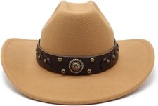 Beige Western Cowboy, Cowgirl Hat, Horseshoe Strap, Men Women Retro Wide Brim