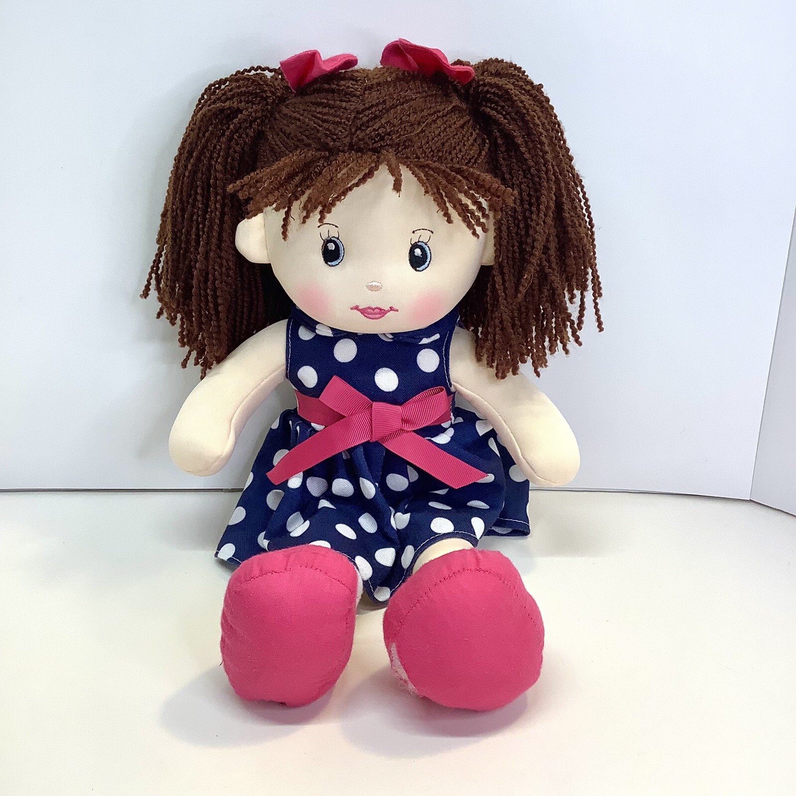 Linzy 16&rdquo; Sweet Cakes Betty Doll Brown Yarn Hair Blue Polka Dot Dress Rosy Cheek