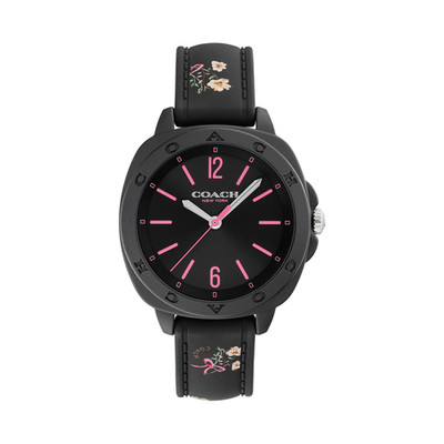 Coach Analog Wristwatch Black Floral Silicone Strap Pink Accents Mineral Crystal