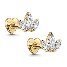 Marquise CZ Flat Back Earrings for Cartilage Helix Tragus Lobe 16g Gold Plate...