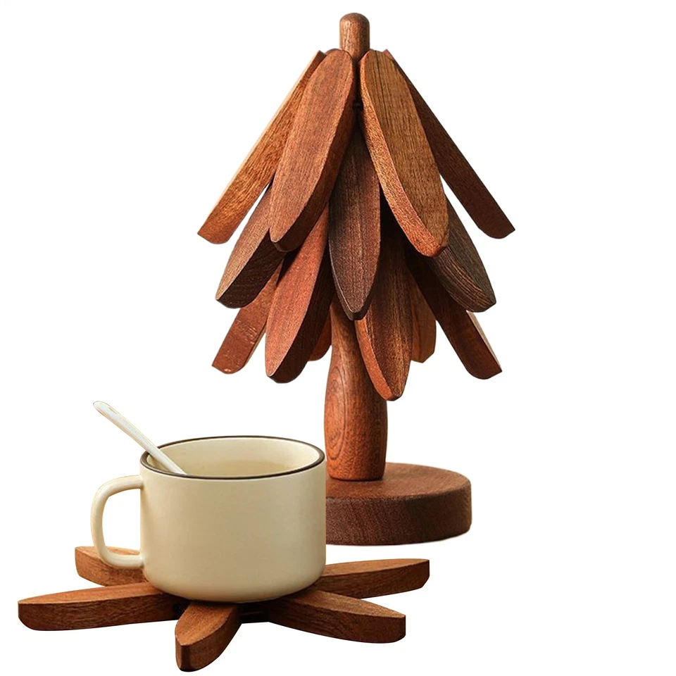 Juego de remaches de madera para árboles posavasos de madera dura natural con textura de hoja plegable Foto 4 de 4