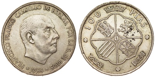 Spain - 100 Pesetas 1966 (67) - Francisco Franco, Silver