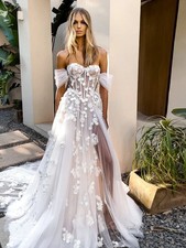 Romantic Off the Shoulder Boho Wedding Dress 3D Appliques Side Split Bridal Gown