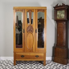 Edwardian Satinwood Wardrobe with Carved Front and Bevel Edged Mirrors