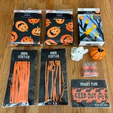 Lot of Halloween Decorations: Tablecloths, Door Curtains, Orange Lights  More